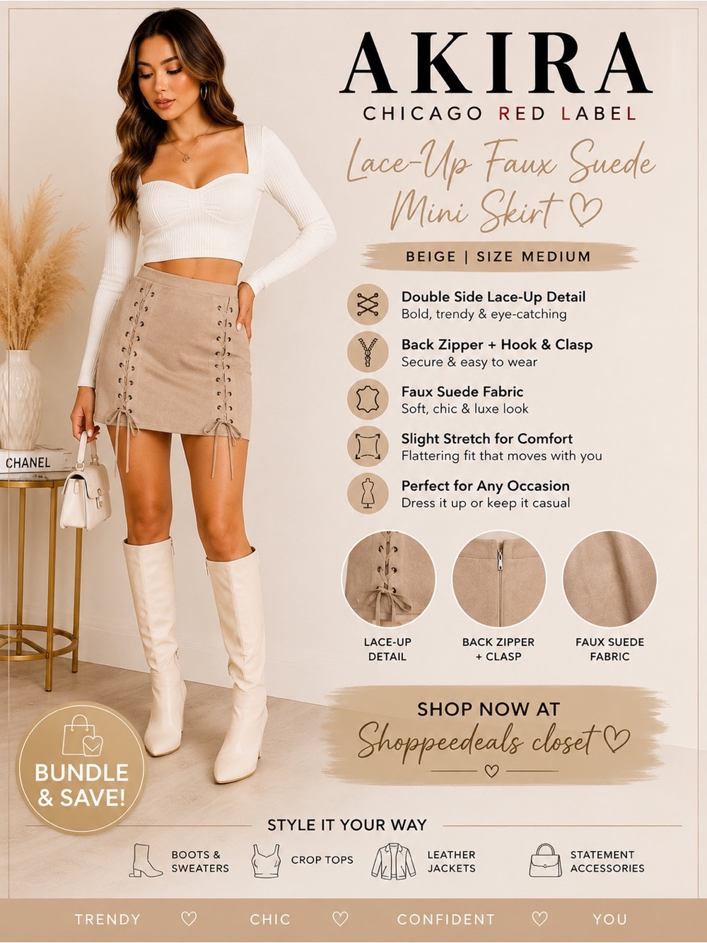 AKIRA Chicago Red Label Faux Suede Lace-Up Mini Skirt – Beige | Size Medium